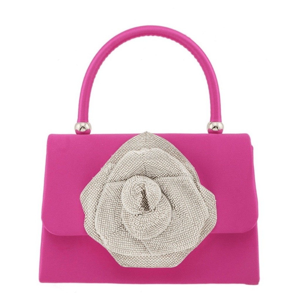 Fuchsia Pink Evening Handbag with Silver Flower Accent